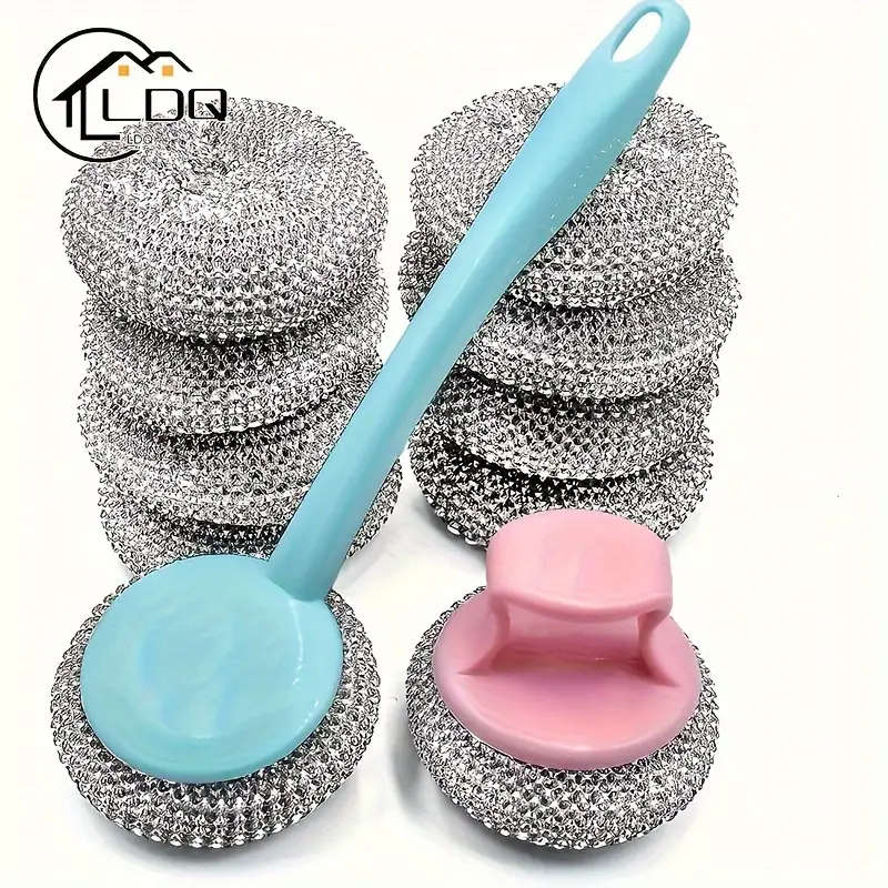 10-Pack Stainless Steel Scrubber Set with 2 Non-Slip Handles Heavy Duty Metal Scouring Pads for Kitc