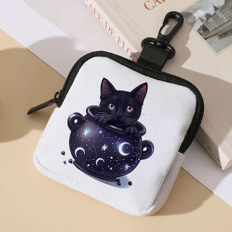 1pc Contemporary Moon Jar Kitten Polyester Coin Wallet Large Capacity Zippered Digital Print S