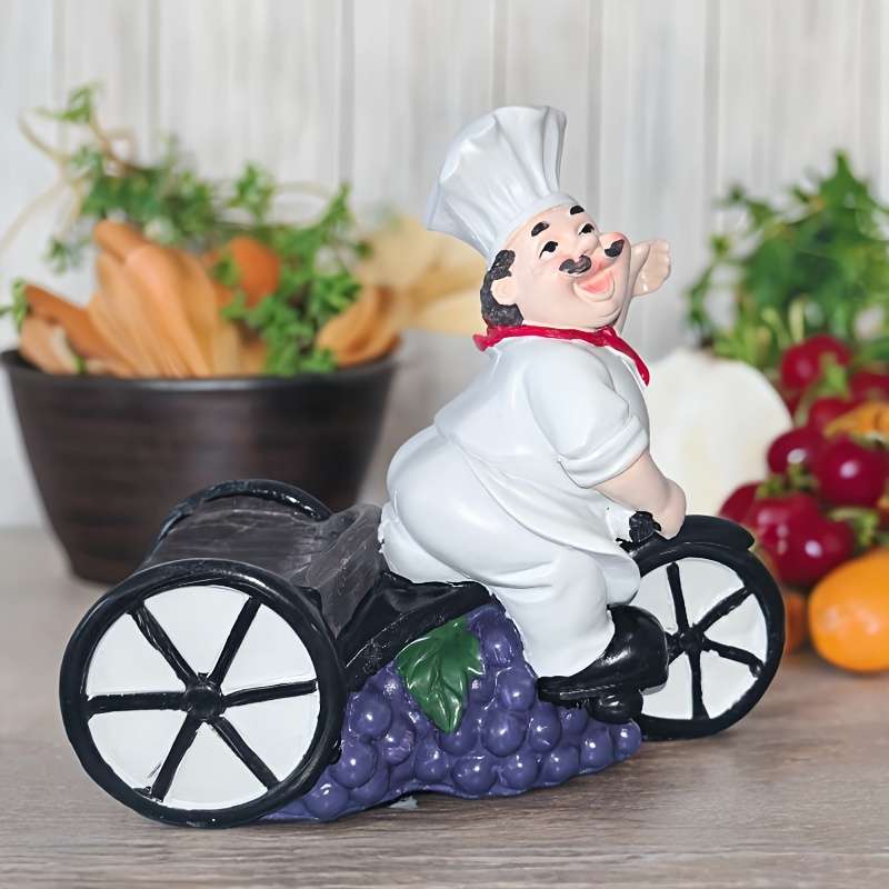 1pc Chef on Tricycle Wine Rack Resin Figurine with Red Hat White Apron Holds Wine Glasses