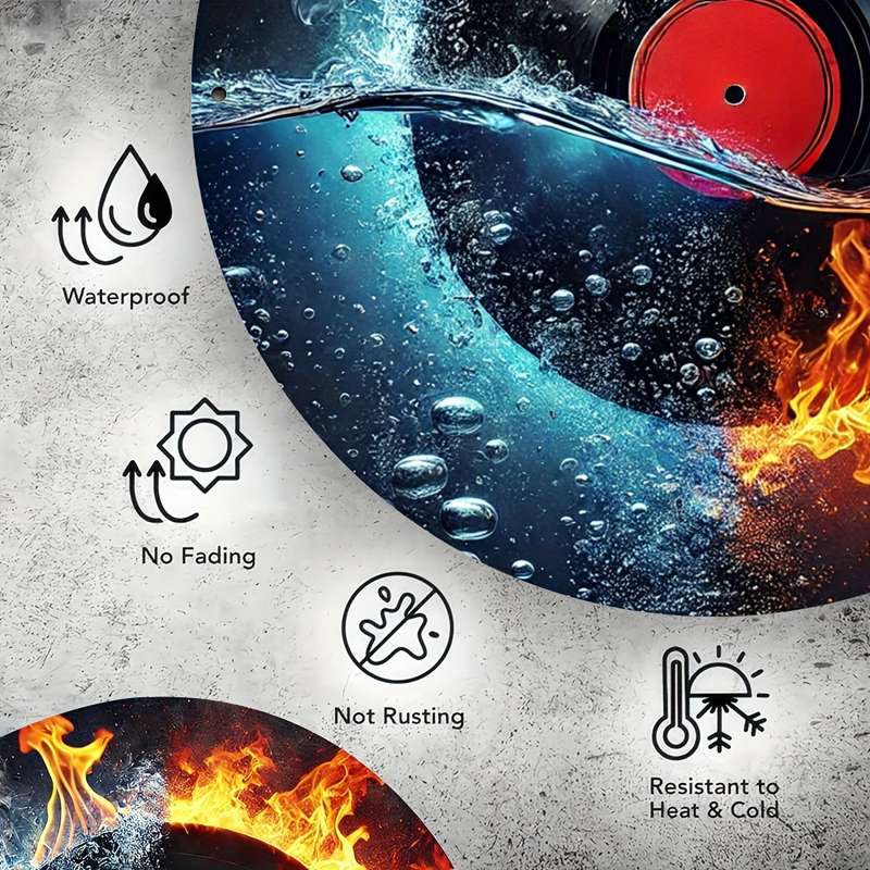 1pc 20cm Fire and Water Vinyl Record Themed Metal Sign Art Set Durable Iron Retro Music Wall Deco