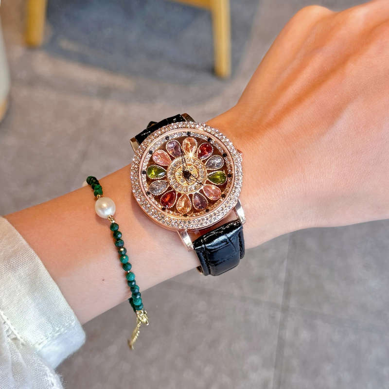1pc Fashionable Quartz Wrist Watch for Women with Colorful Rhinestone Embellishments Rotating Dial A