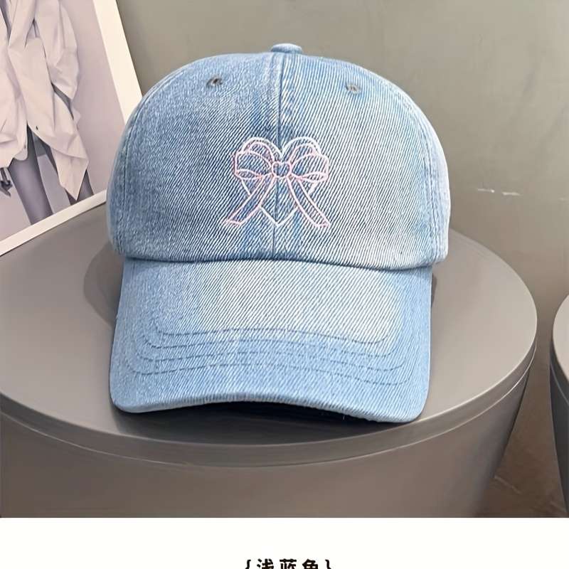 1pc Baseball Cap With Embroidered Love Heart Bow Casual Denim Face-Slimming Design Unisex Trendy