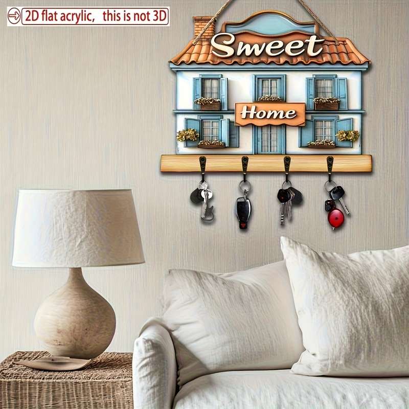 A Vintage Summer Villa Wooden Key Holder Measuring 29.97 X 22.86 cm Featuring 4 Metal Hooks Suitab