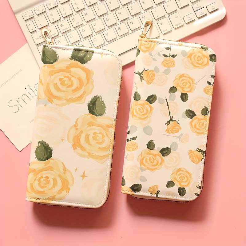 1pc Women'S Fashionable Long Zipper Wallet with Floral Pattern Double Compartment Multiple Card