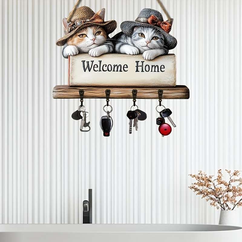 1pc Kitten Welcome Key Hook Simple Colorful Wooden and Home Key Hanger with Four Metal Hooks (11.8