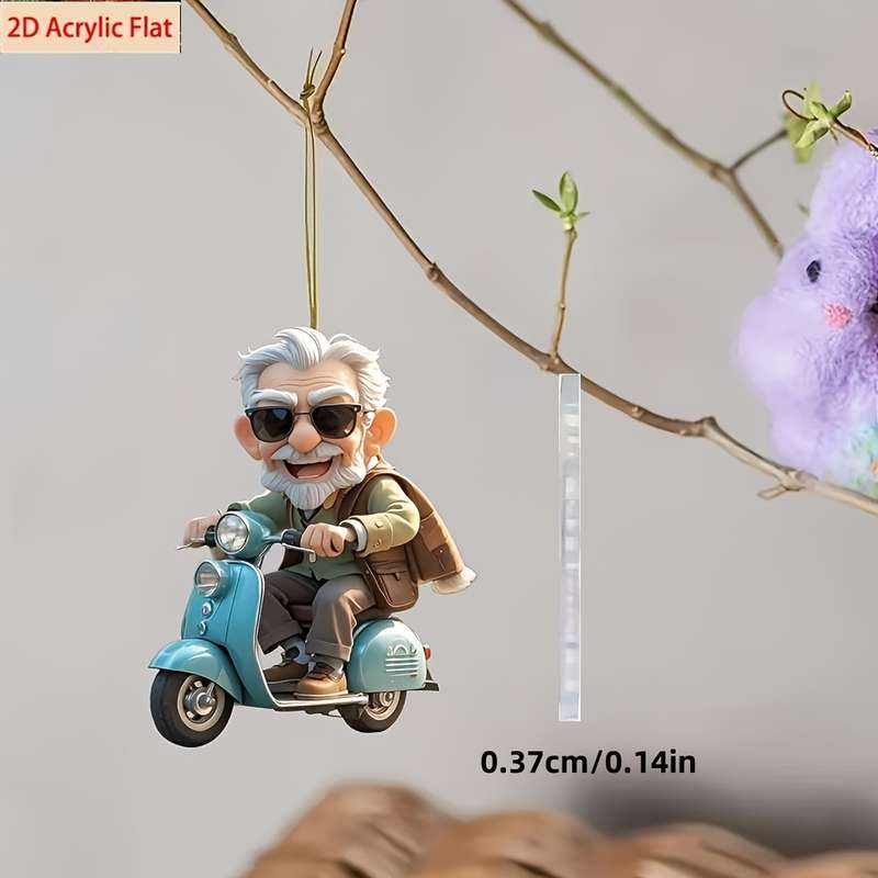 1pc 2D Flat  Acrylic Car Hanging Ornament Happy Grandpa Riding Scooter Ideal for Rearview Mirror