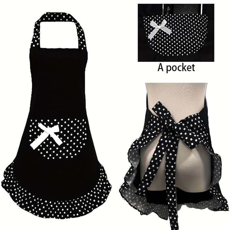 1pc Retro Polka Dot Apron with Ruffle Hem Large Pockets Black and White Vintage Kitchen Ba