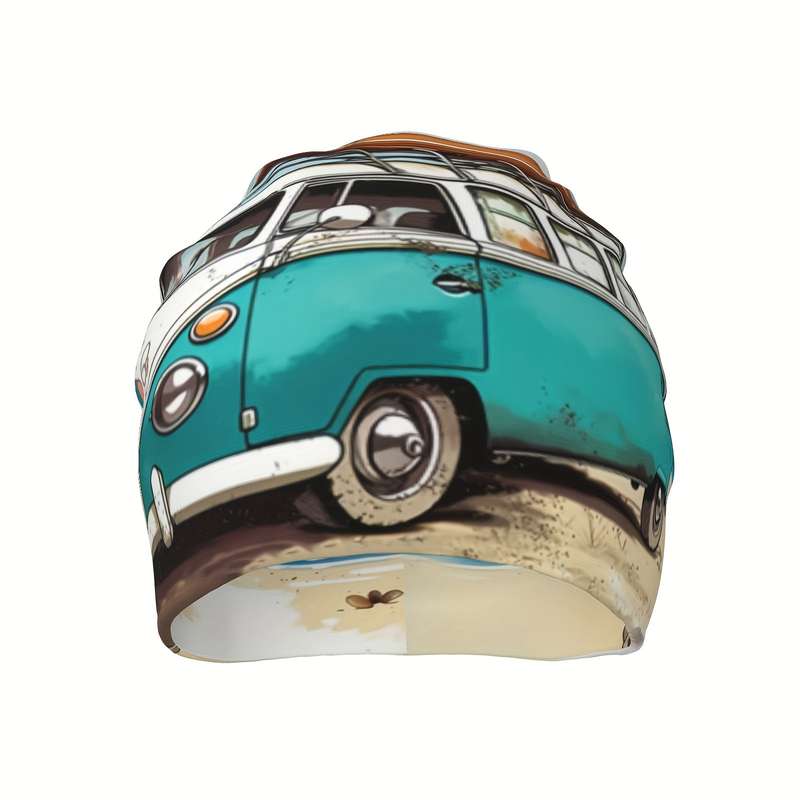 1pc Funky Beach Bus Palm Tree Design Beanie Hat Soft Lightweight Polyester Blend Perfect