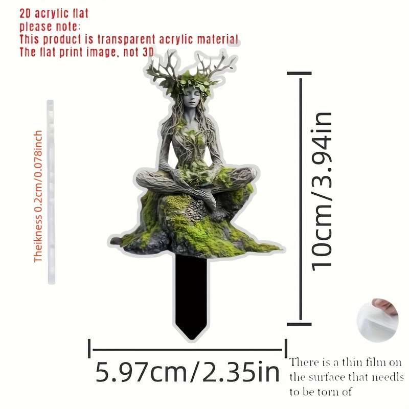 1pc 2D Flat   Bohemian Acrylic Tree Fairy Garden Stake Serene Meditation Pose with Moss Roots