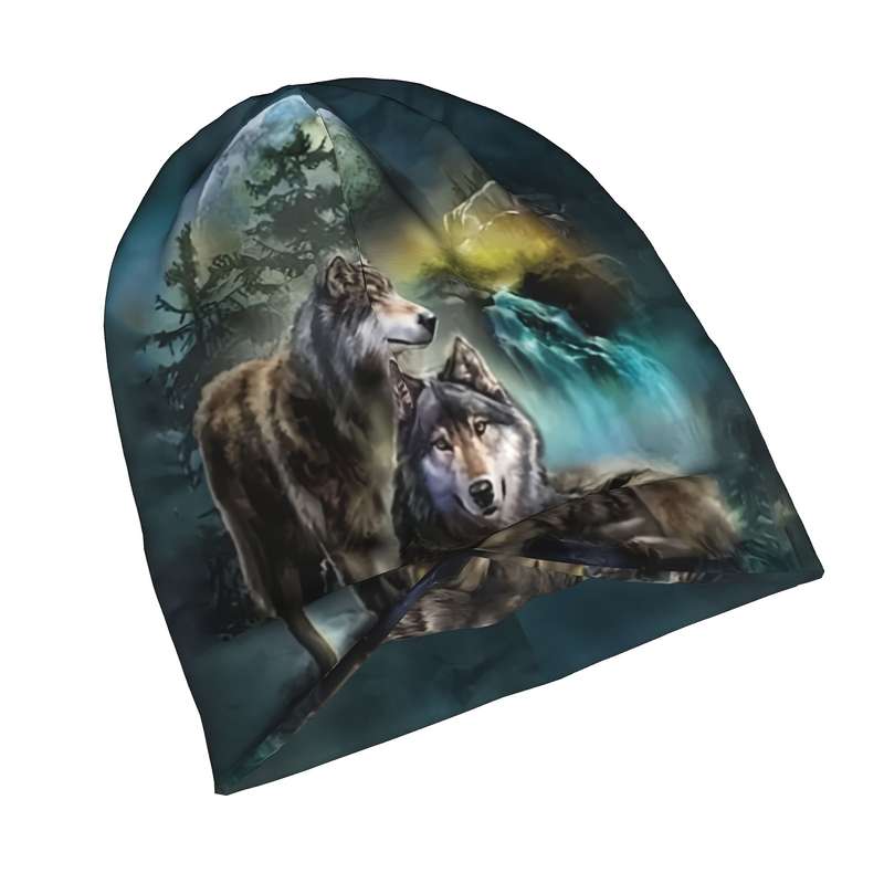 1pc Wolf Print Brimless Skull Cap Polyester Spandex Blend Funky Style Soft Knit Fabric wit