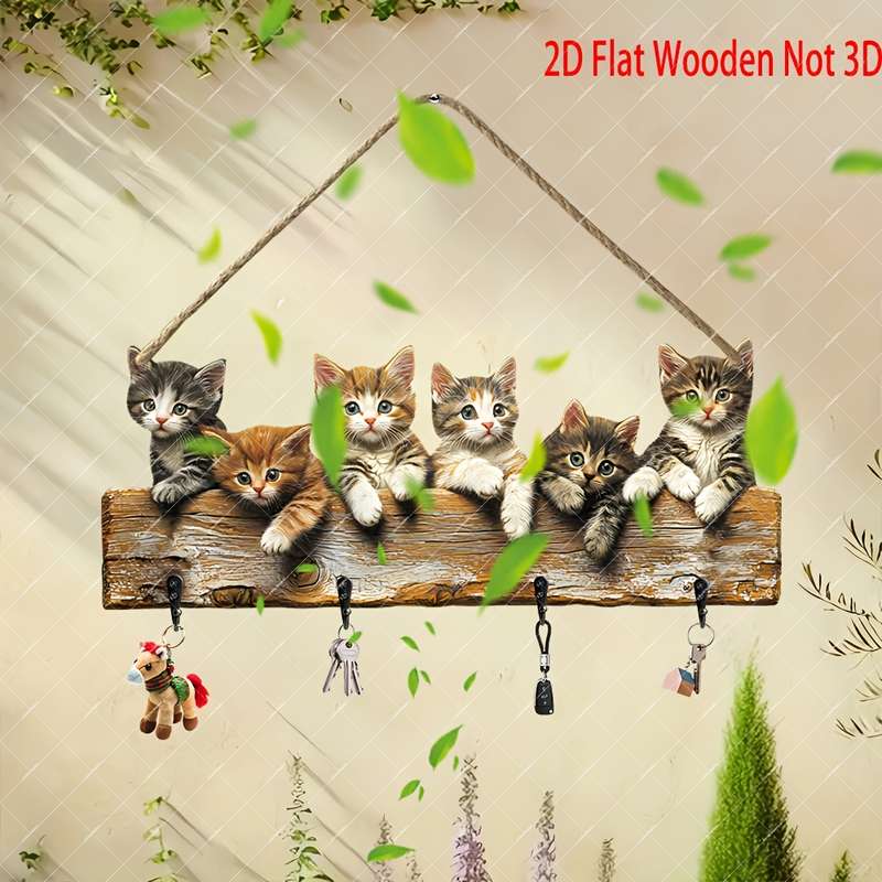 2D Flat Charming 2D Flat Wooden Key Hanger with Adorable Kitten Design"Together We Create Happi
