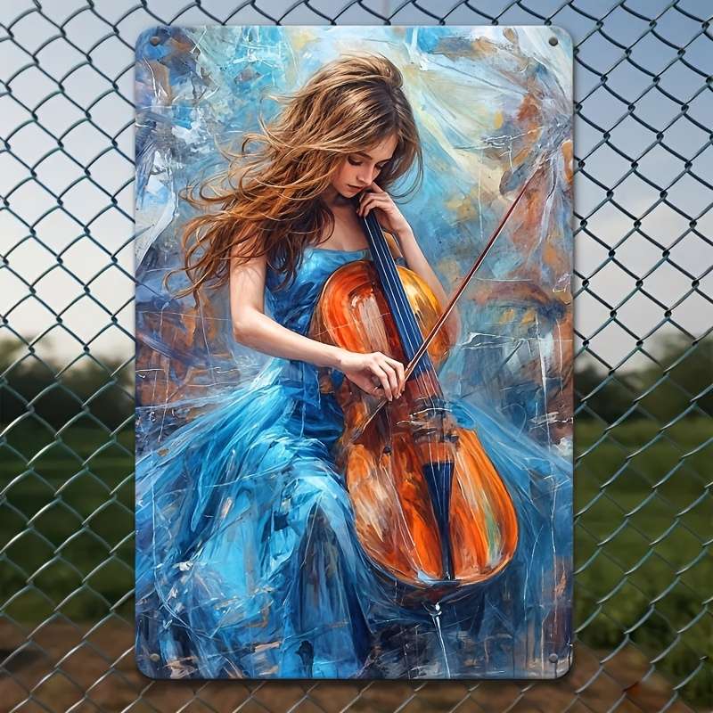 1pc 2D Flat Iron Wall Art Logo Cello Artist Blue Dress Woman Music Studio Art Music Student Gif