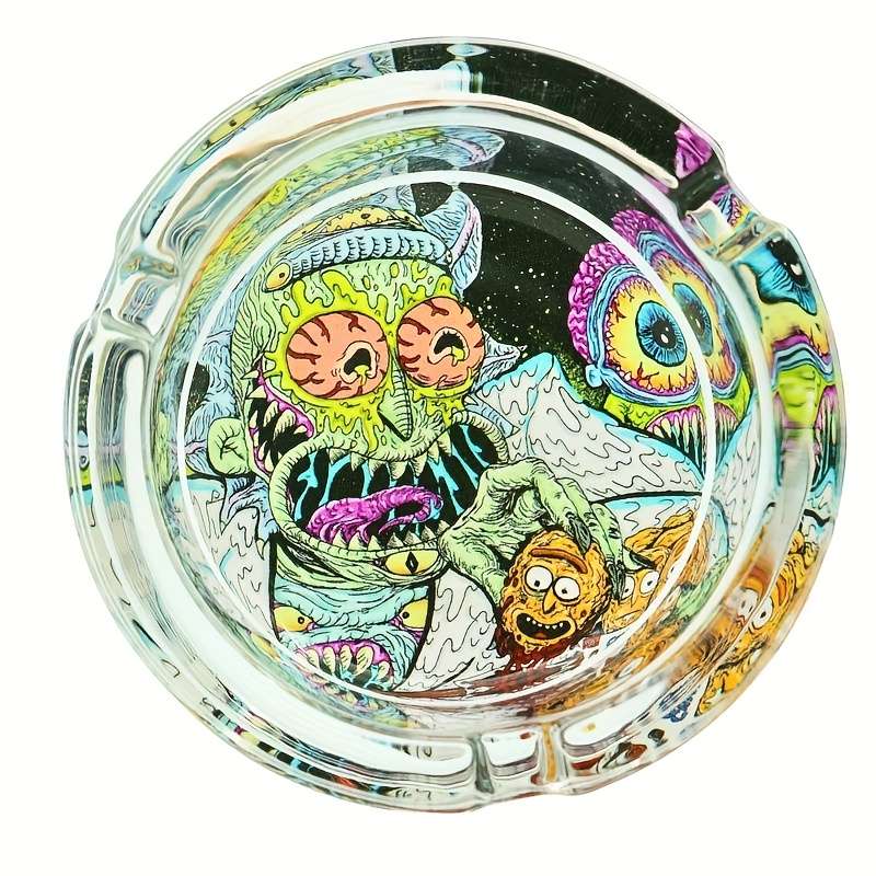 1pc Vibrant Round Glass Ashtray with Colorful Psychedelic Patterns Transparent Smokeless C