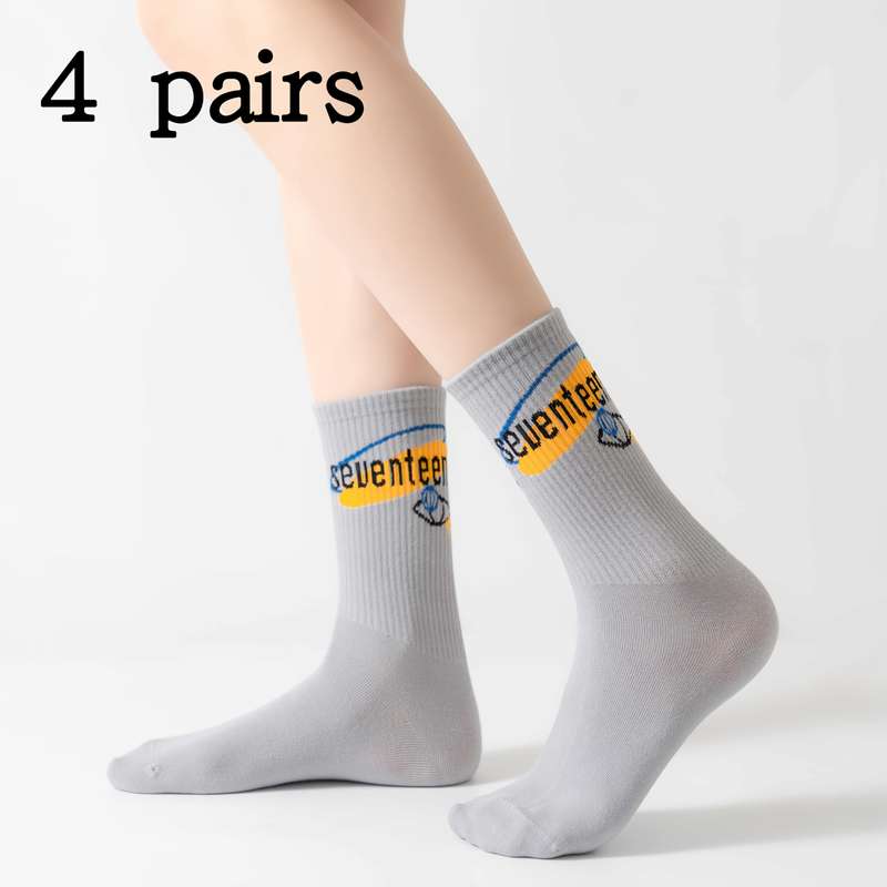 4 Pairs Of White Socks With Colorful Letters One Size High Elastic Socks