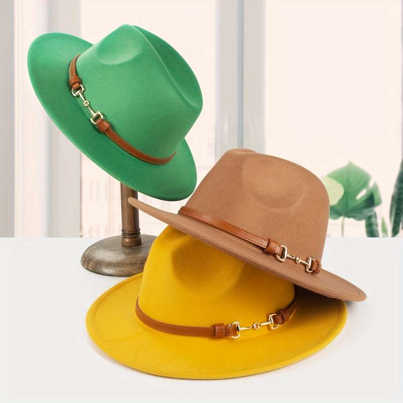 1pc Stylish Unisex Jazz Hat With Detachable Belt Buckle British Retro Design With Large Brim And