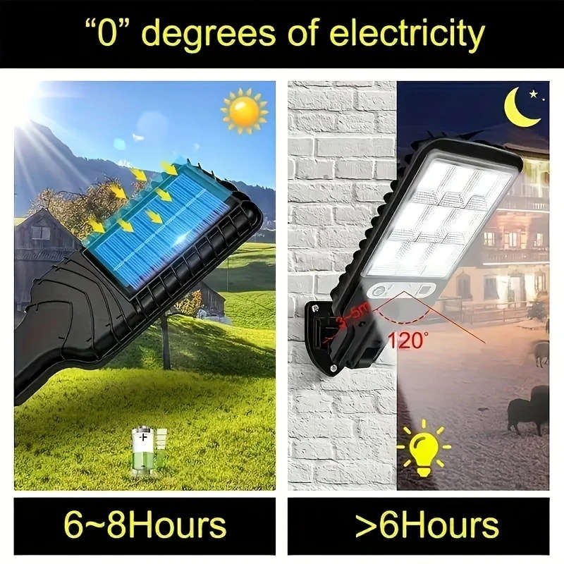 Solar-Powered Outdoor Street Light with Transparent LED Remote Control Adjustable Motion Sensor Blac