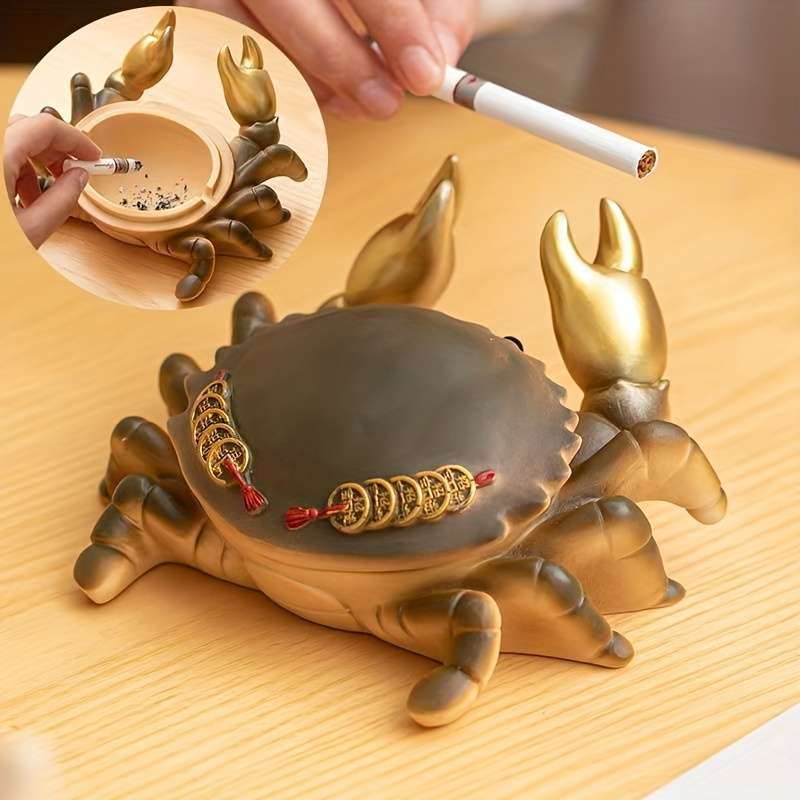 1pc Elegant Golden Crab Ashtray with Lid Durable Resin Modern Design for Home Office Decor Pe