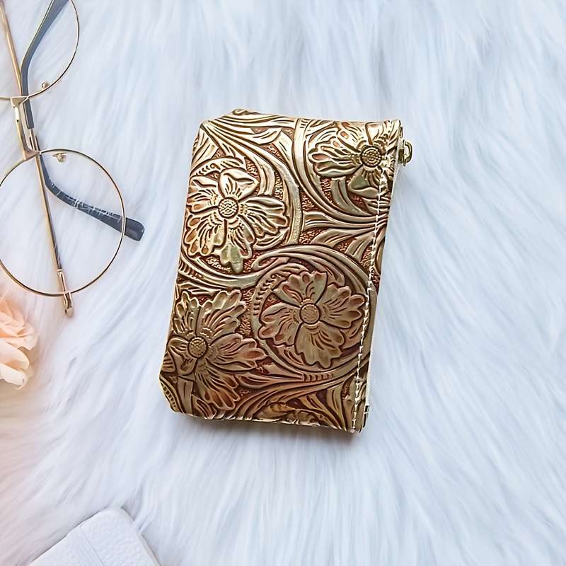 1pc Vintage Floral Embossed Faux Leather Coin Purse Fashion Hard Shell Zippered Key Pouch No