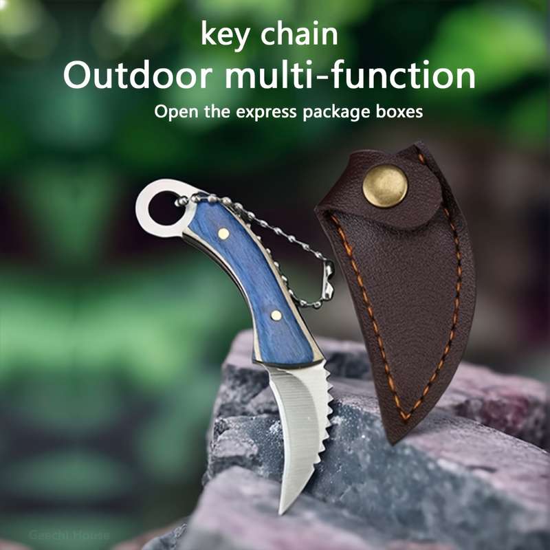 1pc Compact Stainless Steel Keychain Knife with Red Handle Faux Leather Sheath