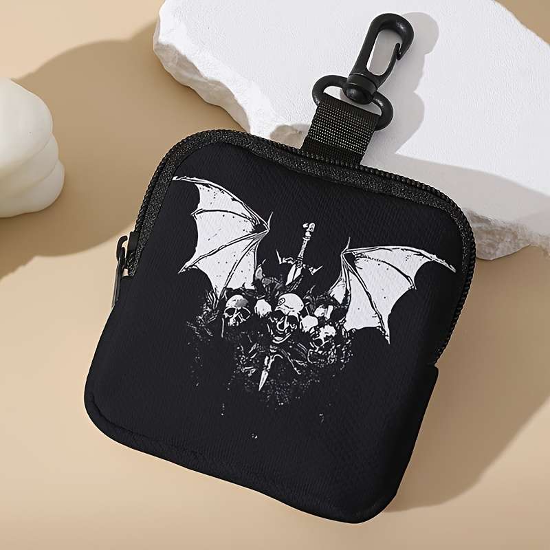 1pc Contemporary Skull and Bat Print Coin Wallet Large Capacity Polyester Zippered Coin Purse