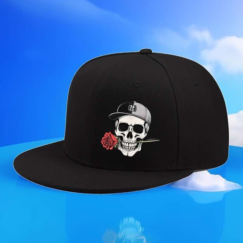 1pc Adjustable Hip Hop Baseball Cap with Skull and Rose Graphic Vintage Style Flat Brim Polyester
