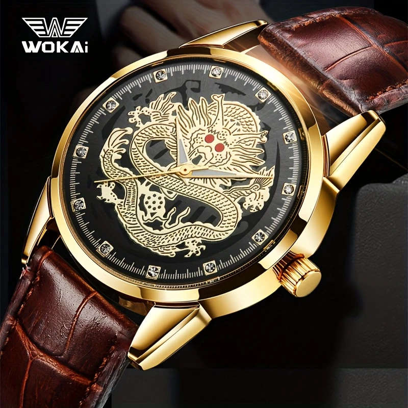 1pc Men's Dragon Zodiac Quartz Watch Classic Style with World Time Faux Leather Strap Battery Operat