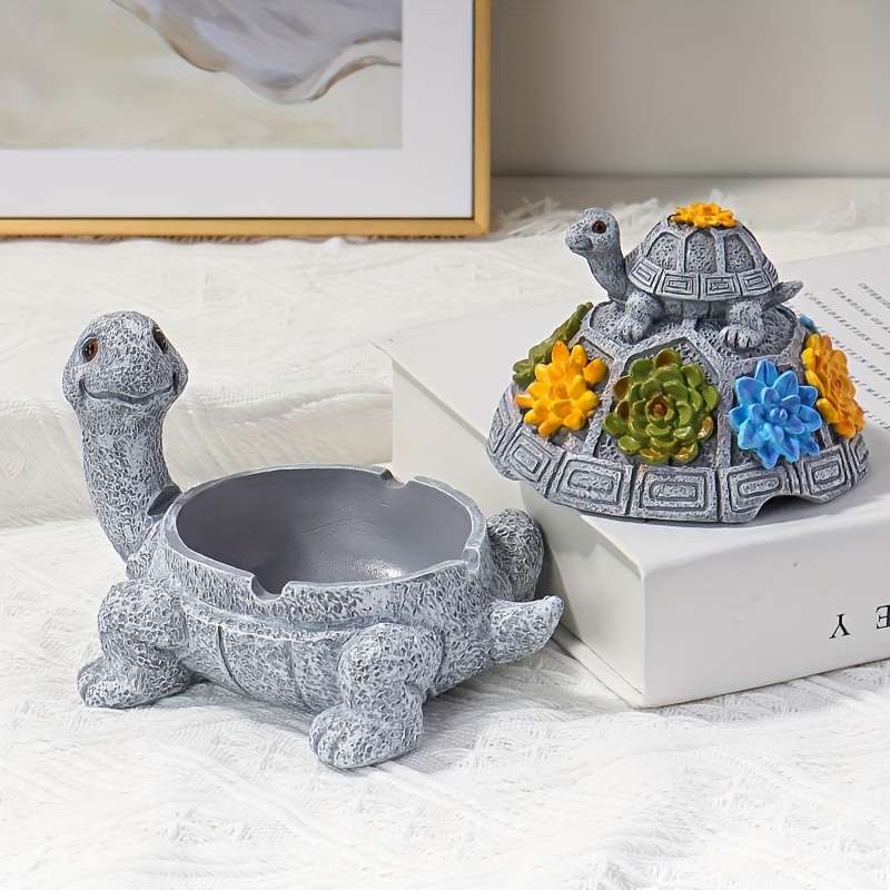 1pc Resin Mother and Youngsters Turtle Ashtray Oval Animal-Themed Ash Storage Box for Home and Gar