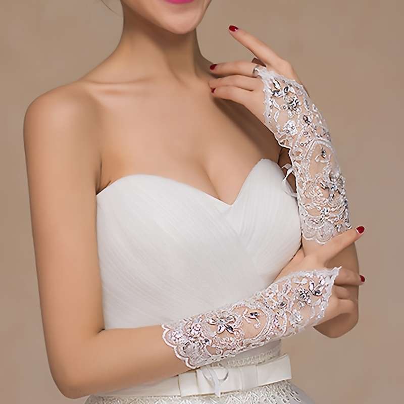 1 Pair White One Size Lace Wedding Gloves