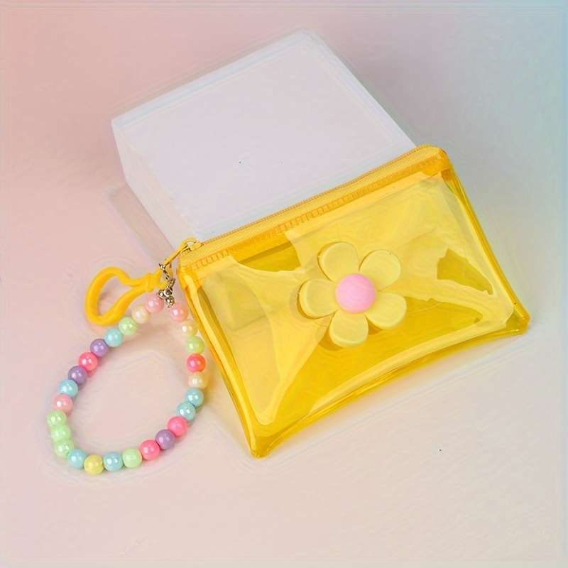 1pc Trendy Transparent PVC Coin Purse with Beaded Chain Compact Key Card Holder Zip Closure E