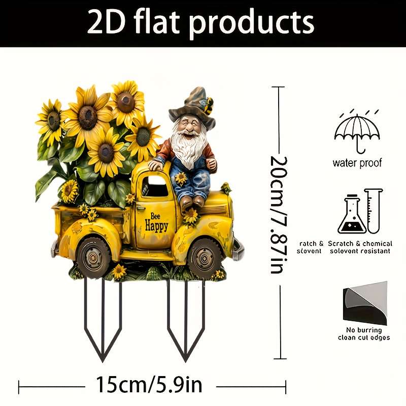 1pc 2D Flat  Acrylic Bee Dwarf Old-Fashioned Male Truck Garden Stake Acrylic Flowerpot Landscape Si