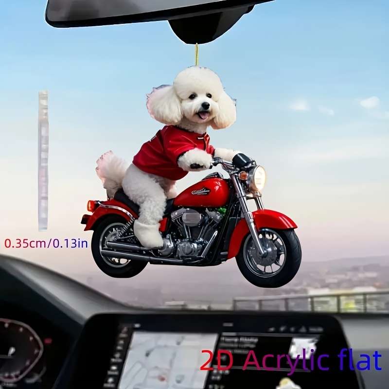 1pc 2D Flat   Adorable Bichon Frise on Motorcycle Acrylic Hanging Ornament Charming Red-Dress