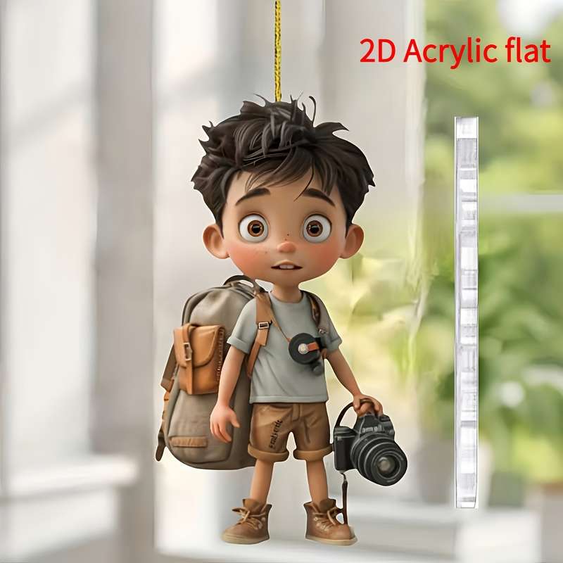 1pc 2D Flat  Acrylic Hanging Ornament Stylish Young Photographer with Camera Backpack Ideal for