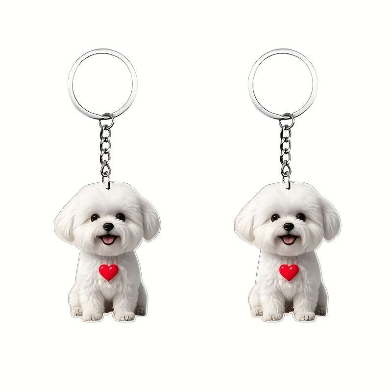 1pc 2D Flat    Cute White Dog Acrylic Keychain with Heart Charm Flat Keychain Perfect Gift