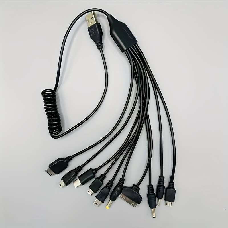 1pc 10in1 Multi-Device USB Charging Cable Hub Black PVC Flat Design with 10 Connectors for Si