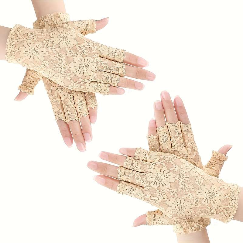 2 Pairs  Champagne Bridal Lace Gloves