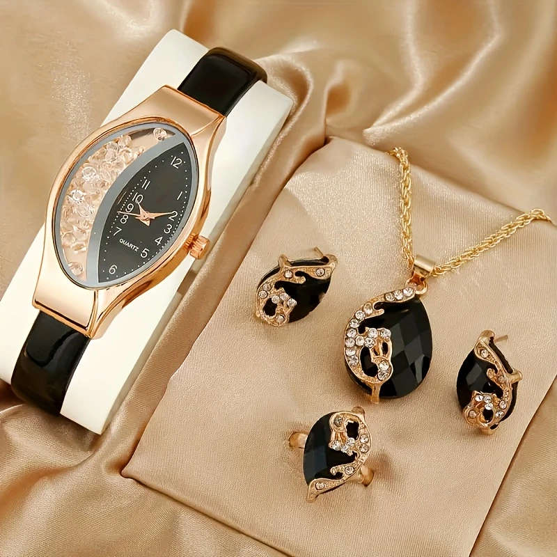 5pcs Set Elegant Women'S Quartz Watch and Jewelry Set Unique Flowing Sand Design Alloy Case