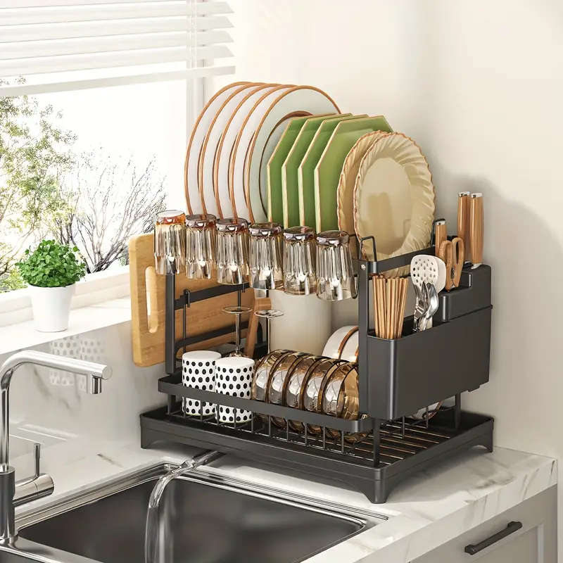1pc Large Capacity 2-Tier Dish Drying Rack with Drainboard, Double-Layer Bowl & Cup Rack, Detachable