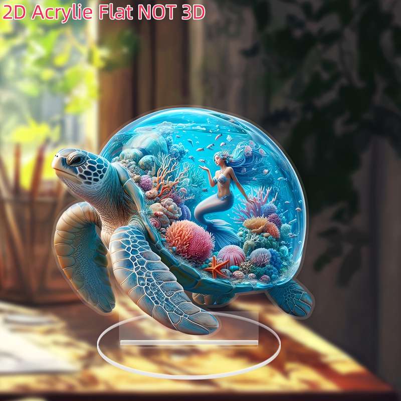 1pc 2D Flat   Bohemian Style  Acrylic Turtle Statue with Oceanic Mermaid Design Colorful Des