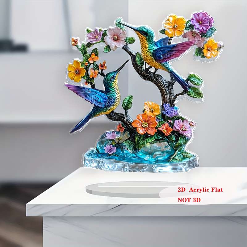1pc 2D Flat   Bohemian Style  Acrylic Hummingbird Decor Vibrant Bird Flower Sculpt with S