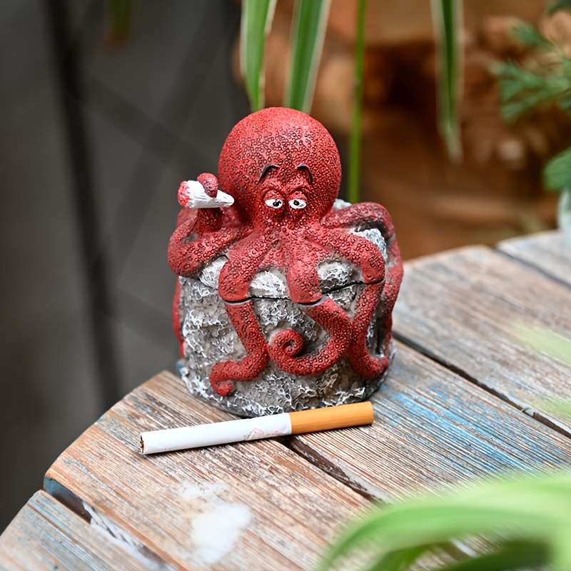 1pc Whimsical Octopus Statue with Lid Windproof Resin Ashtray for Indoor Outdoor Decor Perfect f