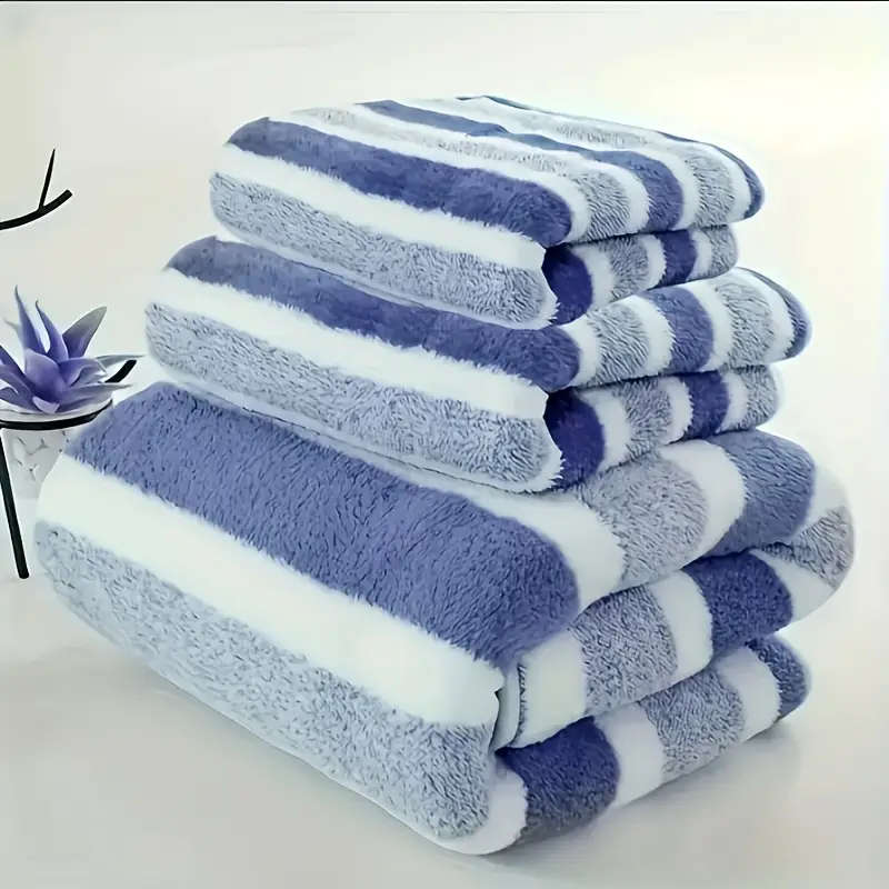 3 Piece Blue and White Striped Luxury Bath Towel Set