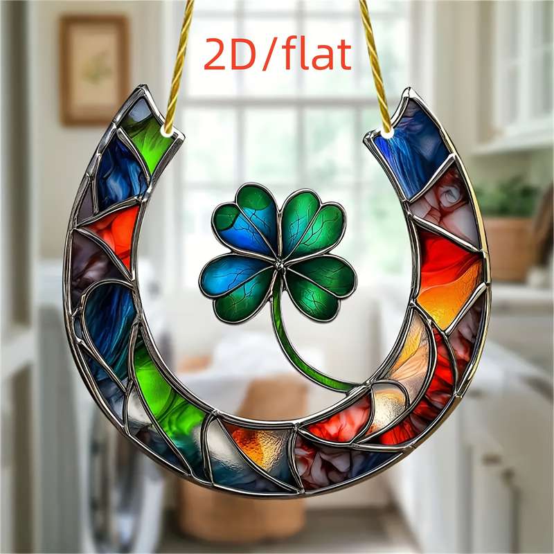 1pc 2D Flat   Flat  Acrylic Sun Catcher Lucky Horse Four-Leaf Clover Design Vibrant Stain