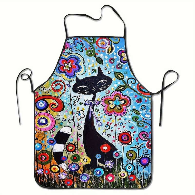1pc Vibrant Cartoon Cat Floral Apron Polyester Kitchen Essential for Cooking BBQ Painting