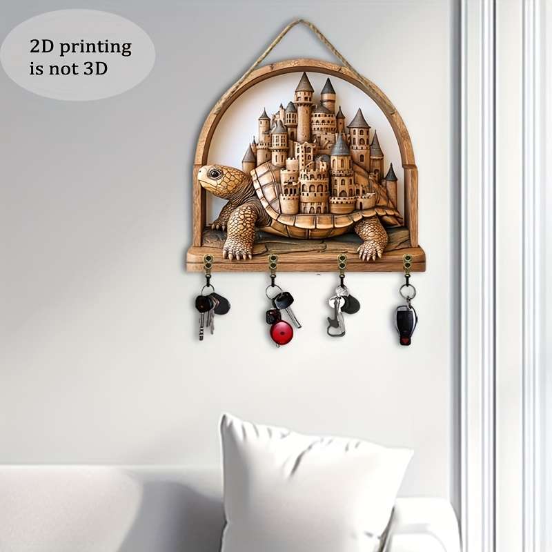 A 2D Artwork Featuring a Turtle And a Beautiful Castle a Minimalist Colorful Wooden Key Holder with