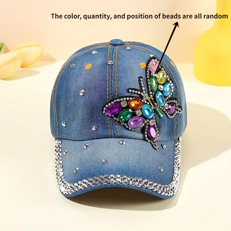 1pc Butterfly Pattern Rhinestone Decor Fashionable Baseball Cap Women's Sunshade Washed Denim Spor