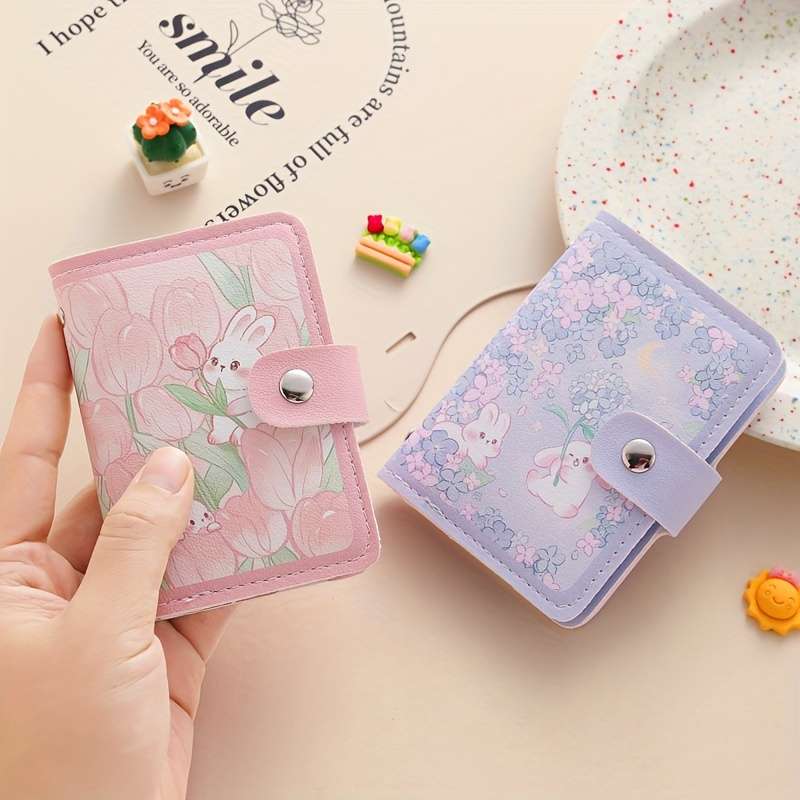 1pc Multi-Slot Cute Cartoon Rabbit Faux Leather Card Holder Casual Style Snap Closure Card Case w