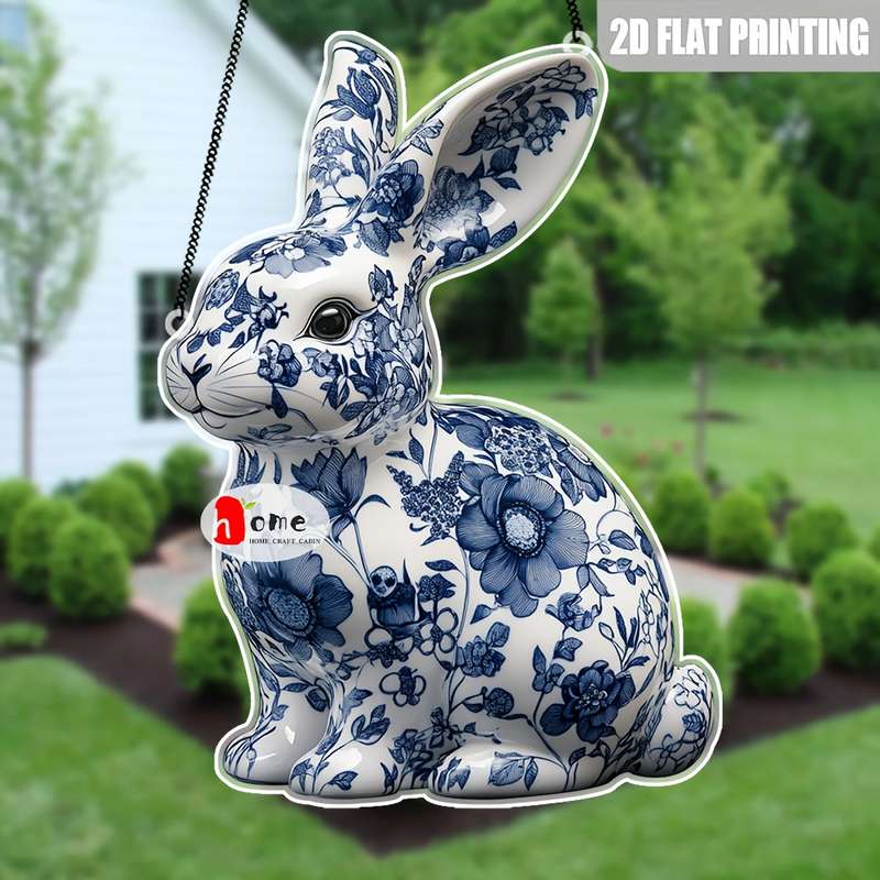 1pc 2D Flat    Blue and White Porcelain Rabbit Decorative Sign Acrylic Pendant Figuri