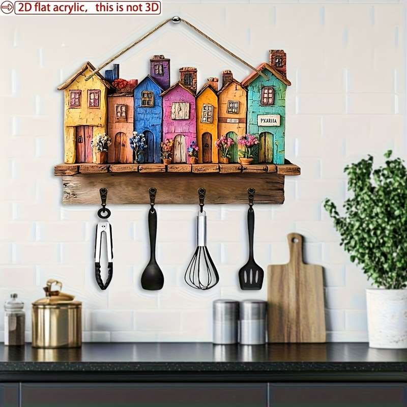1pc Classic Home Wooden Wall Keychain 29.97cm X 22.86cm with 4 Metal Hooks Multipurpose Home Deco