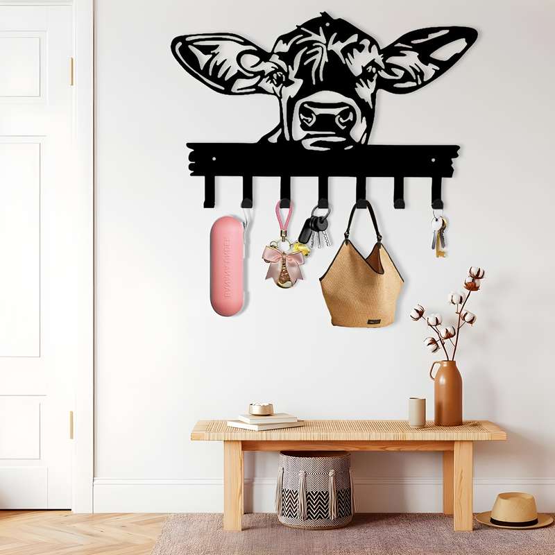 1pc Chic Cow-Head Metal Key  Coat Hook RackRustic Black Wall-Mounted Design with Powder-Coated F