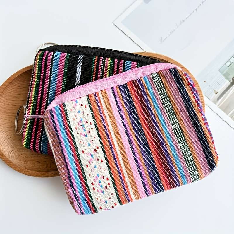 1pc Boho-Chic Retro Striped Canvas Zipper Wallet Lightweight Clutch with Coin Pocket Multifuncti